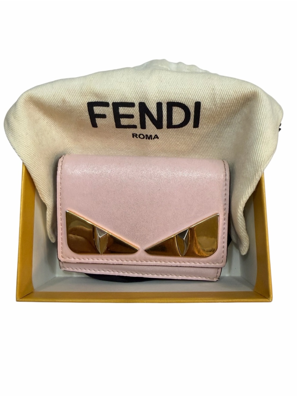 Fendi “Bag Bugs” Pink Leather Mini Wallet with Gold Monster-Eye Hardware